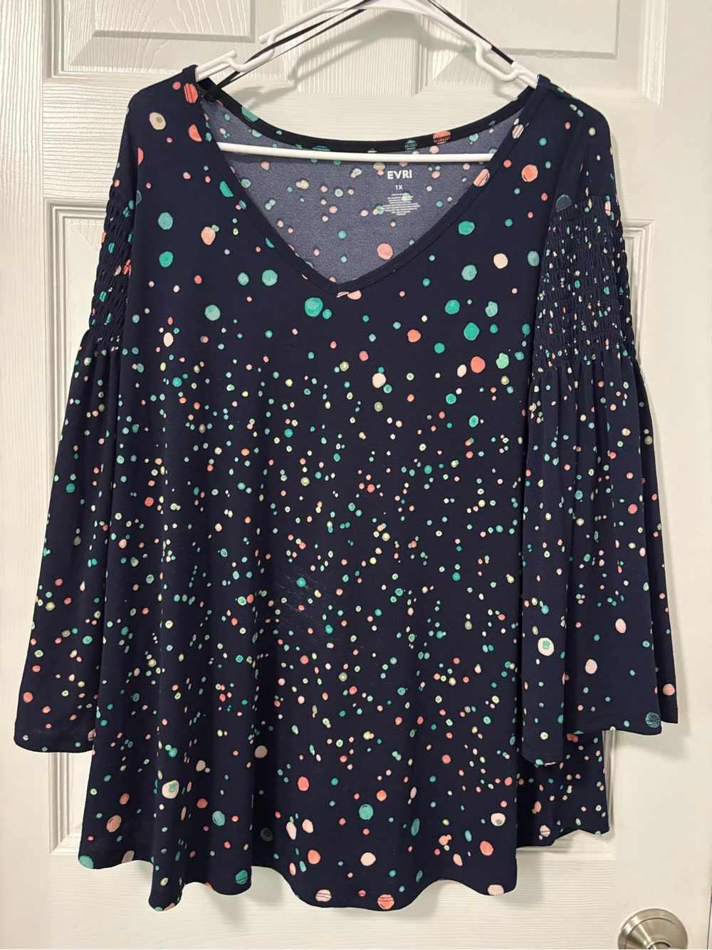 EVRI Navy Multicolor Dot V-Neck Bell Sleeve Top